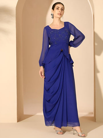 Blue Embellished Square Neck Top With Drape Skirt Set For Women, Indian Top with Dhoti Skirt Set, Ethnic Indo Western Fusion Outfit, Coords VitansEthnics