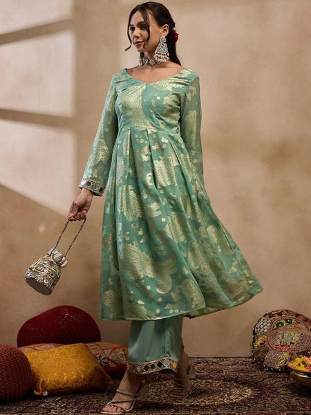 5Woven Pleated Mirror Work Jacquard Anarkali Kurta With Palazzo, Indian Dress, Wedding Guest Party Wear Indo Western Outfit, Palazzo Suit Set VitansEthnics