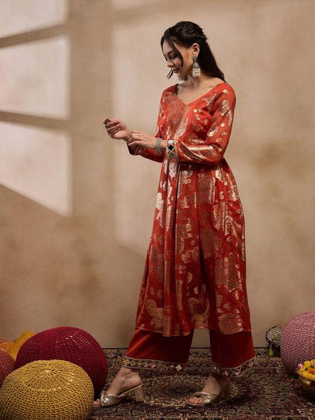 4Woven Pleated Mirror Work Jacquard Anarkali Kurta With Palazzo, Indian Dress, Wedding Guest Party Wear Indo Western Outfit, Palazzo Suit Set VitansEthnics