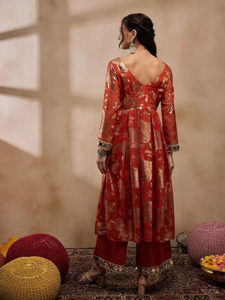 4Woven Pleated Mirror Work Jacquard Anarkali Kurta With Palazzo, Indian Dress, Wedding Guest Party Wear Indo Western Outfit, Palazzo Suit Set VitansEthnics