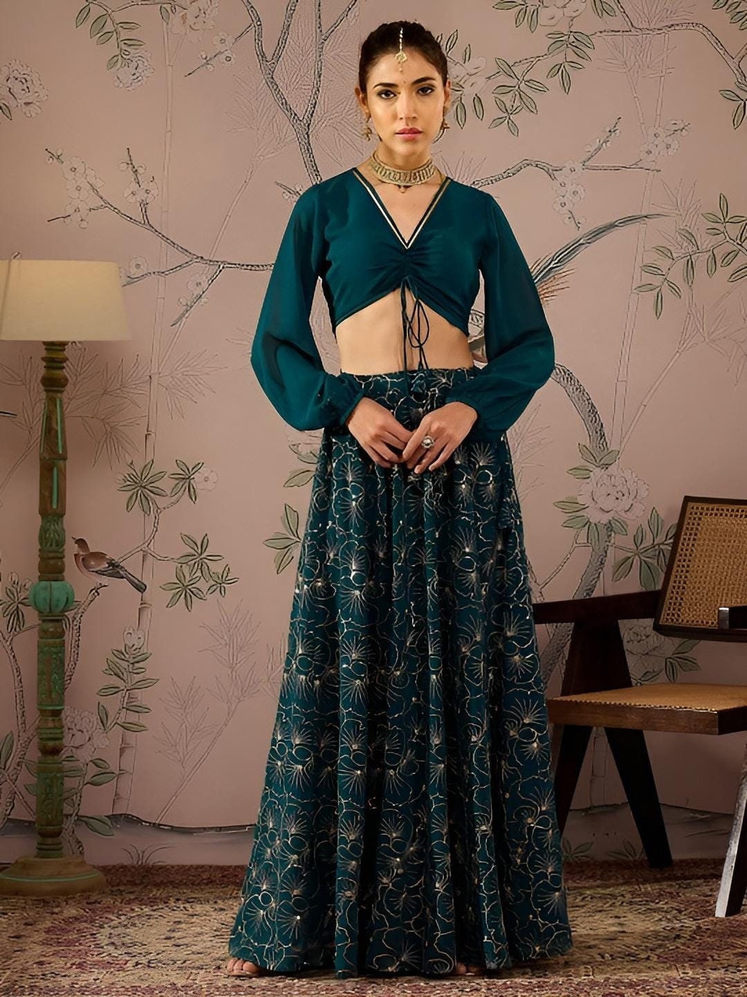 Embroidered Crop Top With Skirt For Women, Indian Lehenga Choli, Wedding Guest Outfit, Indian Dress, Indian Gown, Party Indo Western Dress VitansEthnics