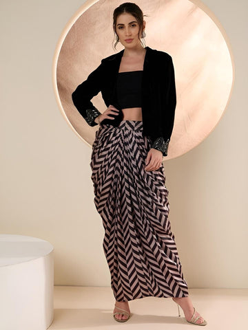Black Embellished Jacket With Draped Skirt Set For Women, Indian Jacket with Dhoti Skirt Set, Ethnic Indo Western Fusion Outfit, Coords VitansEthnics