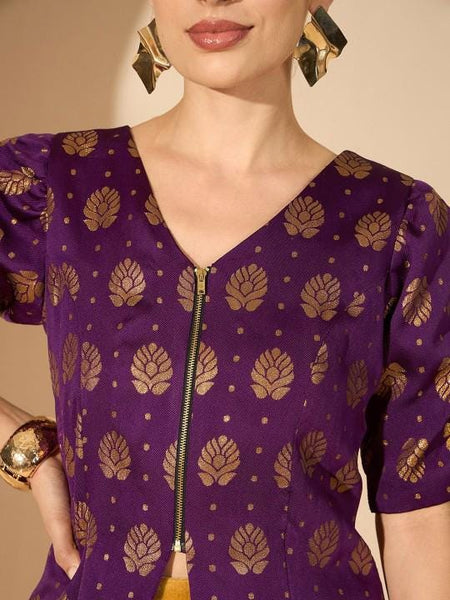 Brocade V-Neck Top With Drape Skirt Set For Women, Indian Top with Dhoti Skirt Set, Ethnic Indo Western Outfit, Coords Set, Indian Dress VitansEthnics