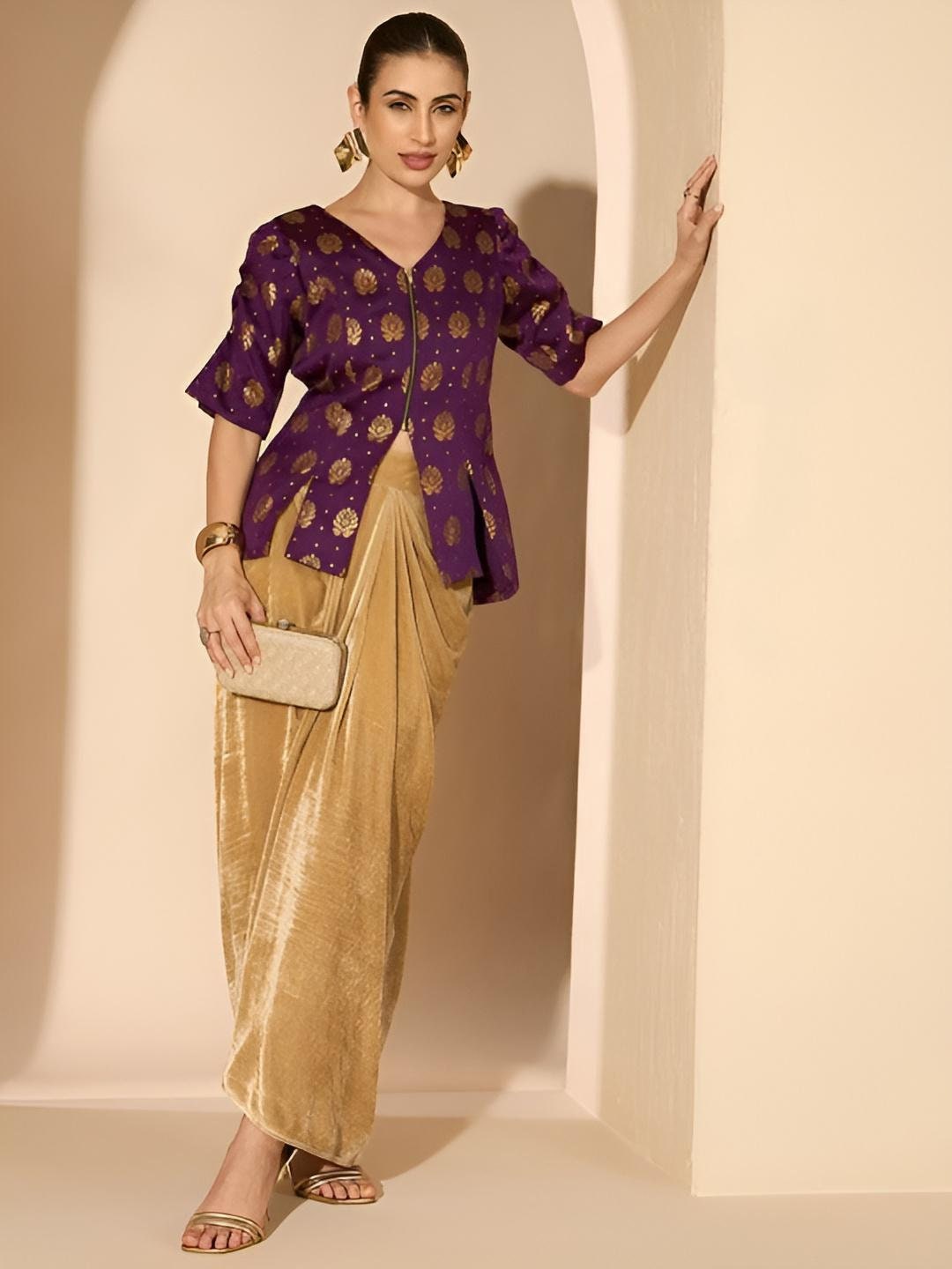 Brocade V-Neck Top With Drape Skirt Set For Women, Indian Top with Dhoti Skirt Set, Ethnic Indo Western Outfit, Coords Set, Indian Dress VitansEthnics
