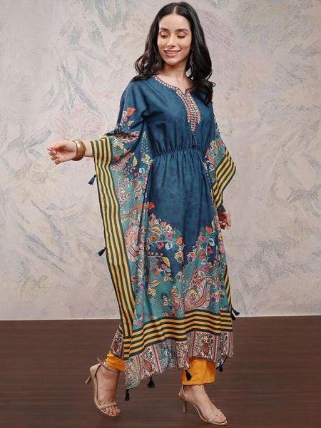 Printed Kaftan Kurta With Trousers For Women, Indian Suit Set, Indian Dress, Indo Western Outfit, Kaftan Kurti Set VitansEthnics