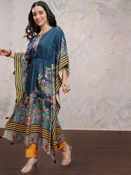 Printed Kaftan Kurta With Trousers For Women, Indian Suit Set, Indian Dress, Indo Western Outfit, Kaftan Kurti Set VitansEthnics