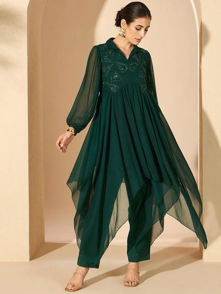 Green Embellished Tunic & Trousers for Women, Coord Set, Festive Outfit, Ethnic Indian Dress, Party Indo Western Outfit, Wedding Kurti Set VitansEthnics