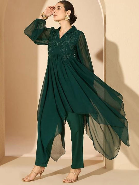 Green Embellished Tunic & Trousers for Women, Coord Set, Festive Outfit, Ethnic Indian Dress, Party Indo Western Outfit, Wedding Kurti Set VitansEthnics