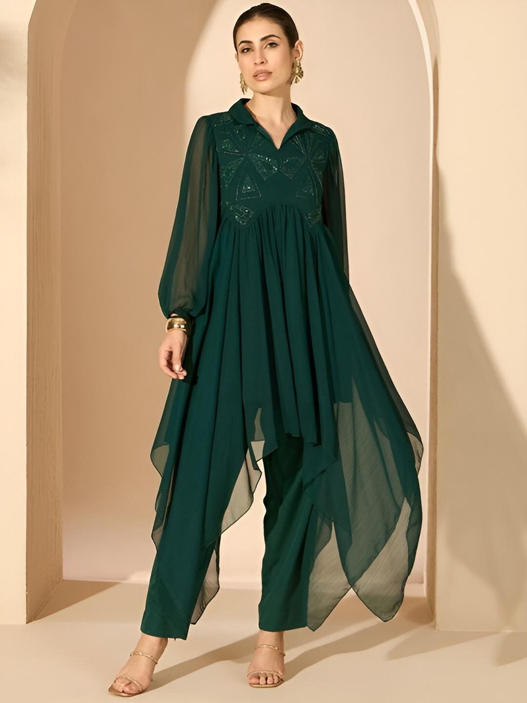 Green Embellished Tunic & Trousers for Women, Coord Set, Festive Outfit, Ethnic Indian Dress, Party Indo Western Outfit, Wedding Kurti Set VitansEthnics