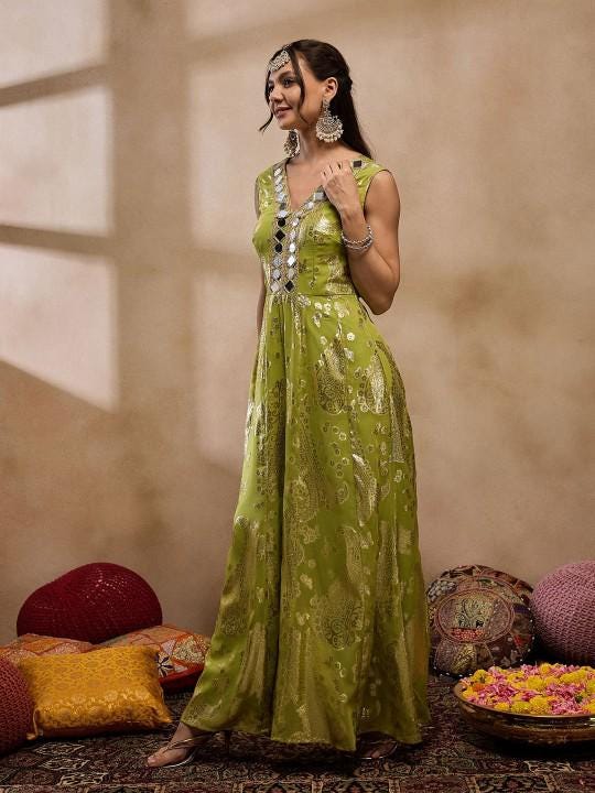 Olive Printed Mirror Work Kalidar Jumpsuit S