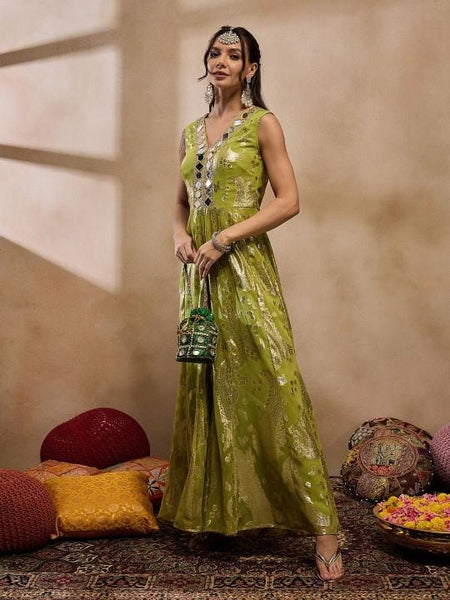 Olive Printed Mirror Work Kalidar Jumpsuit For Women, Indian Jumpsuit, Indian One Piece Dress, Indo Western Outfit, Wedding Guest Outfit VitansEthnics
