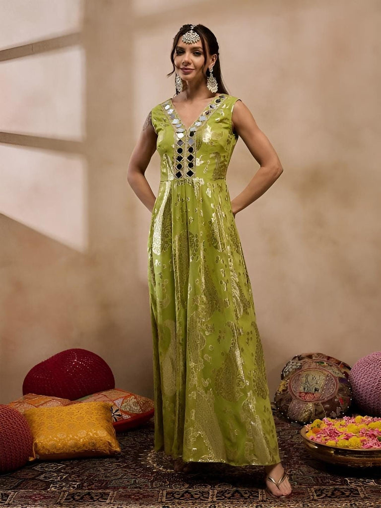 Olive Printed Mirror Work Kalidar Jumpsuit VitansEthnics Olive Printed Mirror Work Kalidar Jumpsuit VitansEthnics