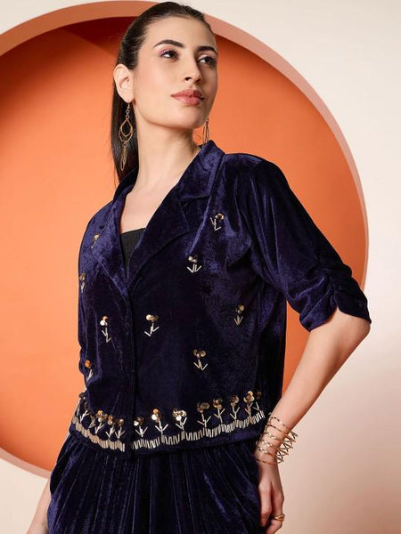 Velvet Embellished Blazer With Draped Skirt Set For Women, Indian Jacket with Dhoti Skirt Set, Ethnic Indo Western Fusion Outfit, Coords VitansEthnics