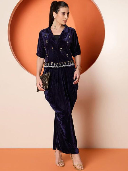 Velvet Embellished Blazer With Draped Skirt Set For Women, Indian Jacket with Dhoti Skirt Set, Ethnic Indo Western Fusion Outfit, Coords VitansEthnics