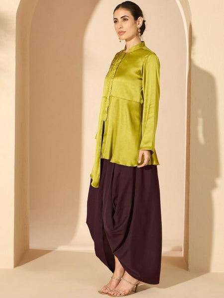 Embroidered Mandarin Collar Tunic & Dhoti Fusion Outfit Set