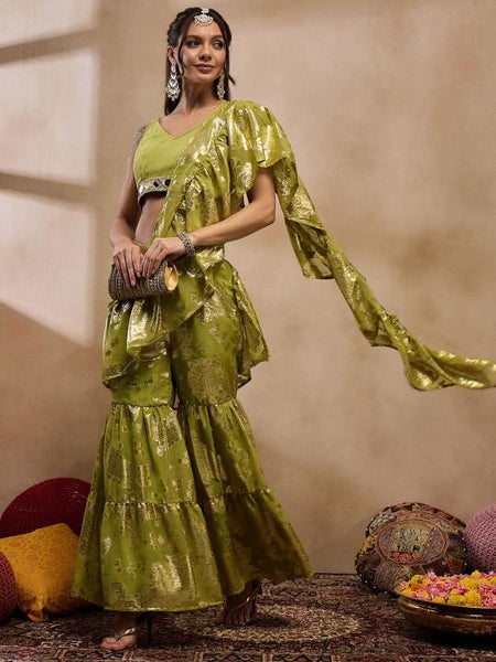 Ready To Wear Saree, Mirror Work Crop Top & Palazzo With Attached Dupatta Co-ord Set, Ethnic Indo Western Fusion Outfit, Lehenga Choli13 VitansEthnics