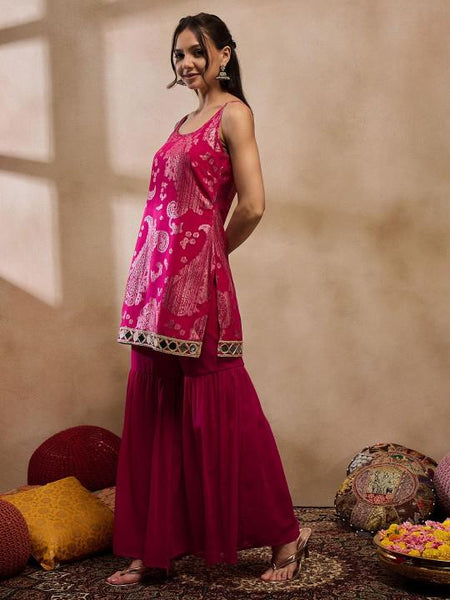 Sleeveless Woven Kurta With Sharara Pants Set VitansEthnics