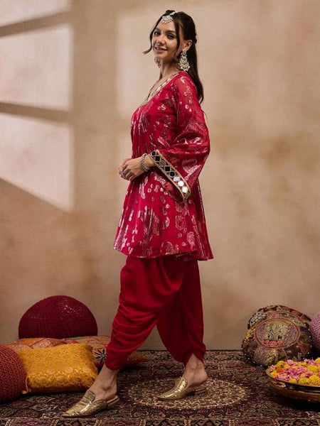 Floral Woven Mirror Work Kurti with Dhoti Pants For Women, Tunic With Palazzo, Indian Dress, Party Indo Western Outfit, Dhoti Kurta Set5 VitansEthnics