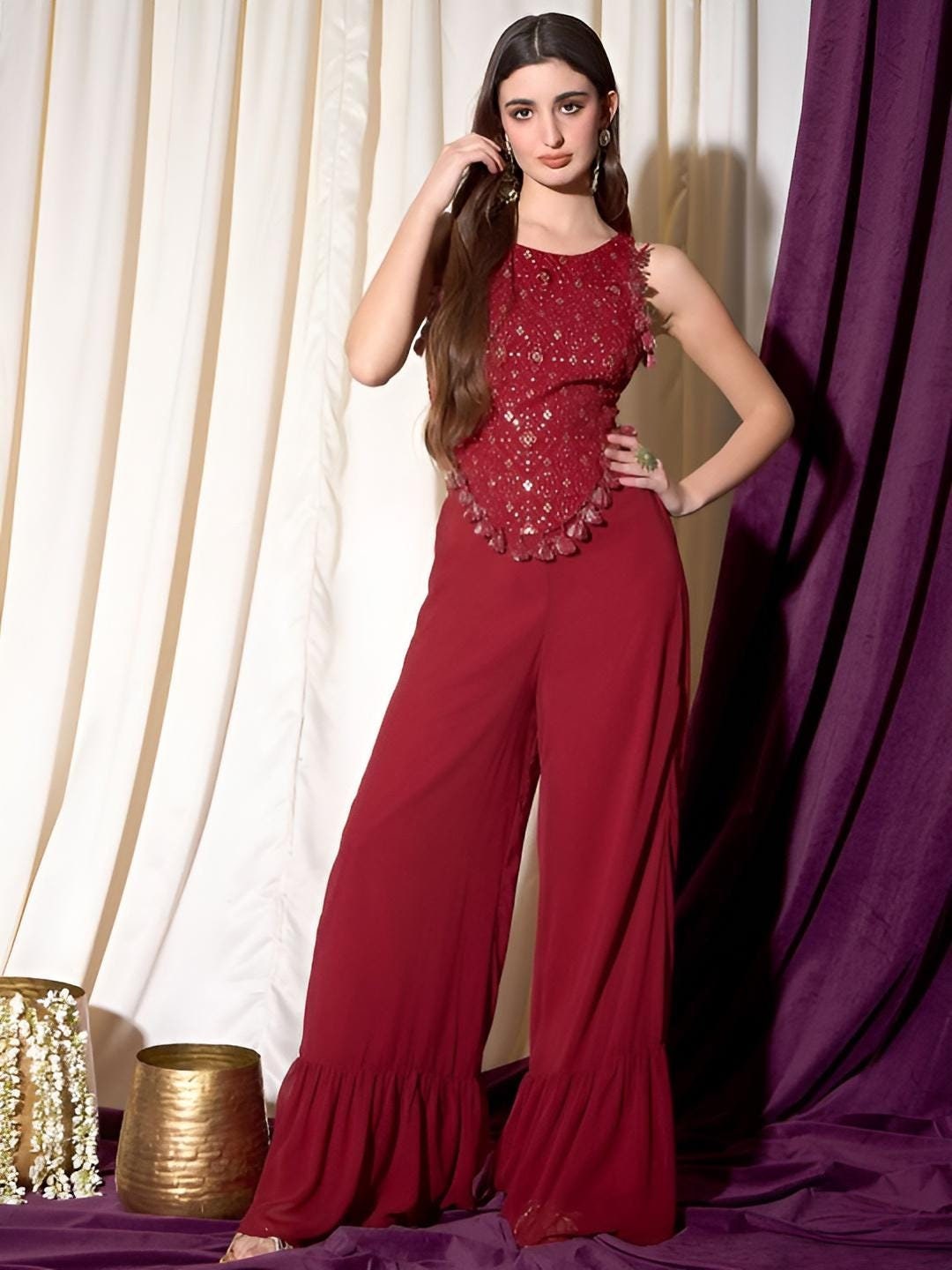 Embroidered Crop Top with Palazzo Indo Western Outfit Set