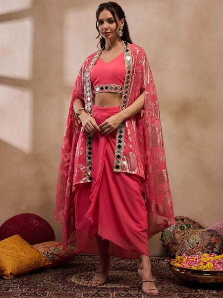 Crop Top With Drape Skirt and Shrug Set for Women, Coord Set, Festive Outfit Ethnic Indian Dress, Wedding Guest Indo Western Outfit1 VitansEthnics