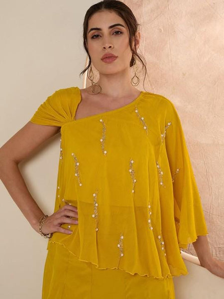 Yellow Embellished Top With Drape Skirt Set Indo Western Fusion Co-Ords Set