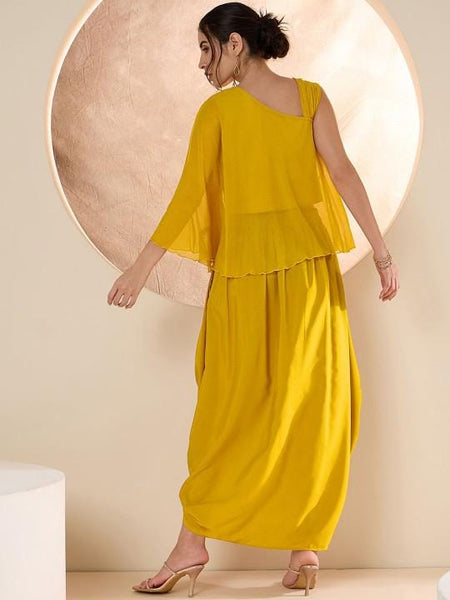 Yellow Embellished Top With Drape Skirt Set Indo Western Fusion Co-Ords Set