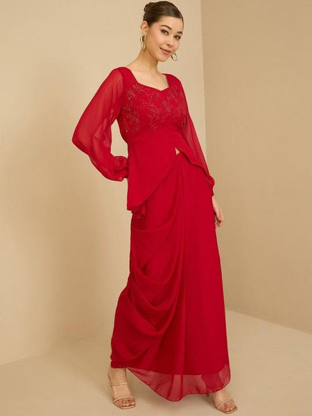 Red Embellished Square Neck Top With Drape Skirt Fusion Outfit Set