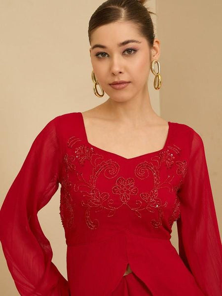 Red Embellished Square Neck Top With Drape Skirt Fusion Outfit Set