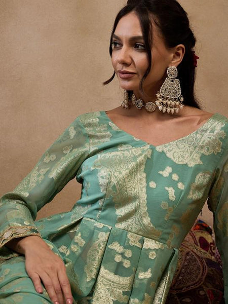 5Woven Pleated Mirror Work Jacquard Anarkali Kurta With Palazzo, Indian Dress, Wedding Guest Party Wear Indo Western Outfit, Palazzo Suit Set VitansEthnics