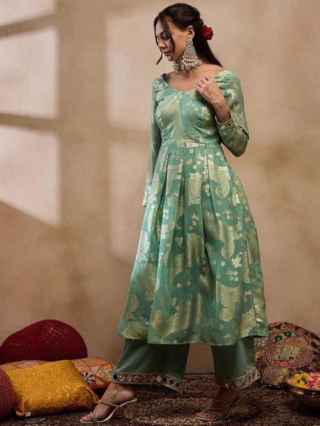5Woven Pleated Mirror Work Jacquard Anarkali Kurta With Palazzo, Indian Dress, Wedding Guest Party Wear Indo Western Outfit, Palazzo Suit Set VitansEthnics