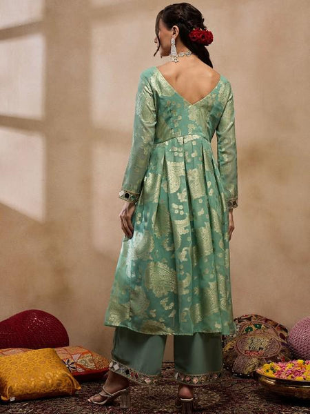 5Woven Pleated Mirror Work Jacquard Anarkali Kurta With Palazzo, Indian Dress, Wedding Guest Party Wear Indo Western Outfit, Palazzo Suit Set VitansEthnics