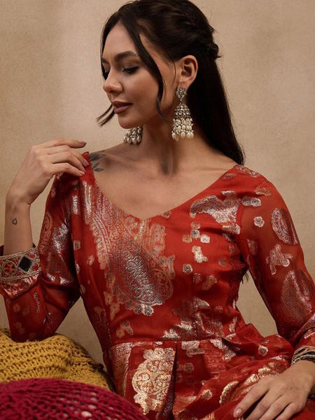 4Woven Pleated Mirror Work Jacquard Anarkali Kurta With Palazzo, Indian Dress, Wedding Guest Party Wear Indo Western Outfit, Palazzo Suit Set VitansEthnics