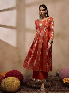 4Woven Pleated Mirror Work Jacquard Anarkali Kurta With Palazzo, Indian Dress, Wedding Guest Party Wear Indo Western Outfit, Palazzo Suit Set VitansEthnics