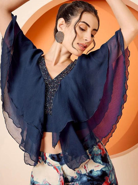 Navy Blue Embellished Crop Top & Draped Skirt Set