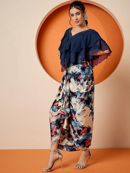 Navy Blue Embellished Crop Top & Draped Skirt Set