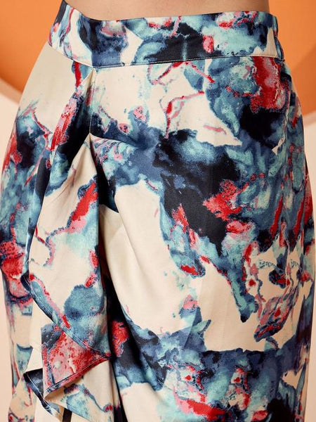 Navy Blue Embellished Crop Top & Draped Skirt Set