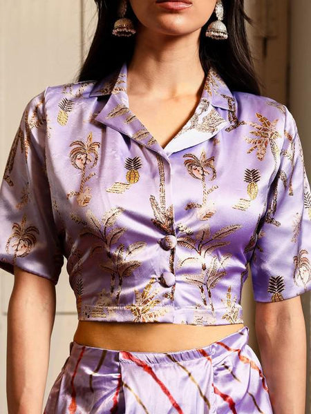 Printed Crop Top With Draped Skirt Fusion Outfit Set