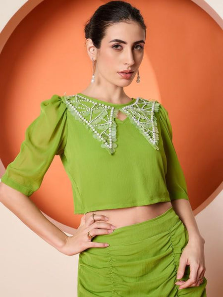 Embellished Crop Top & Draped Skirt Coord Set