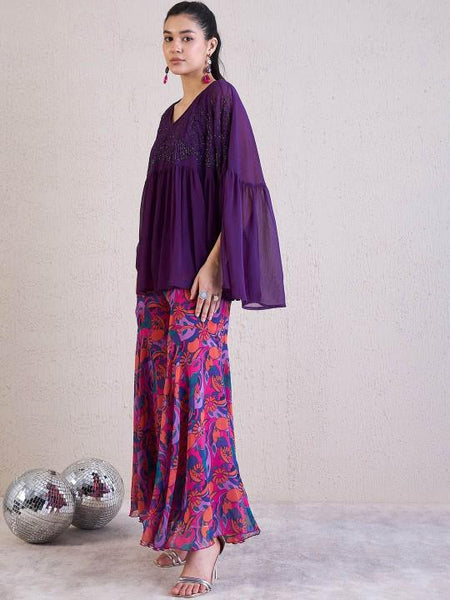 Purple Embellished Top With Sharara Fusion Outfit Set