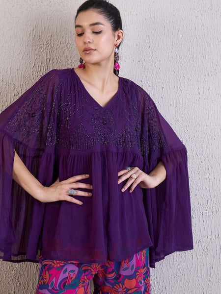 Purple Embellished Top With Sharara Fusion Outfit Set