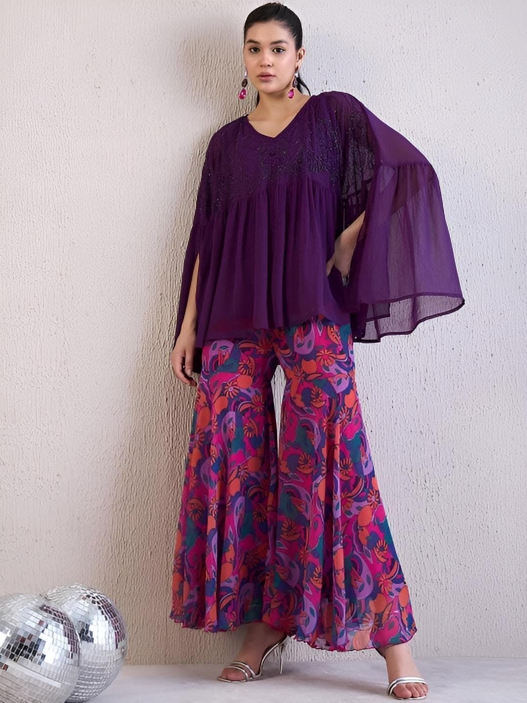 Purple Embellished Top With Sharara Fusion Outfit Set