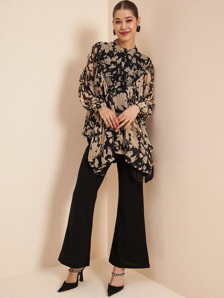 Embellished Printed Asymmetric Top With Palazzo Fusion Set