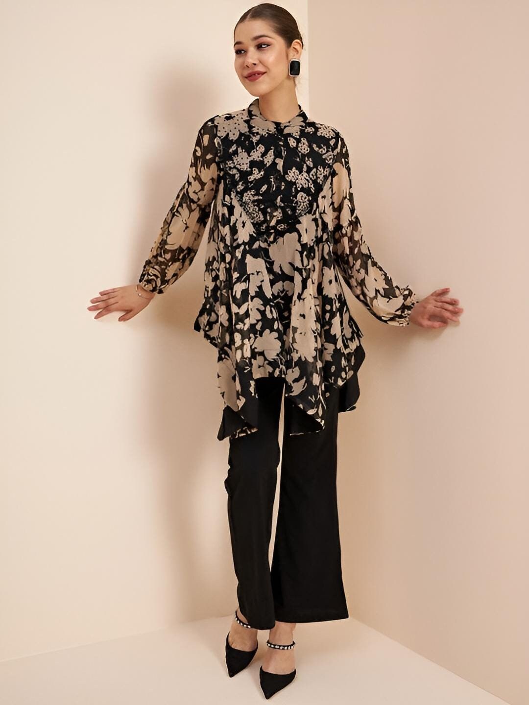 Embellished Printed Asymmetric Top With Palazzo Fusion Set