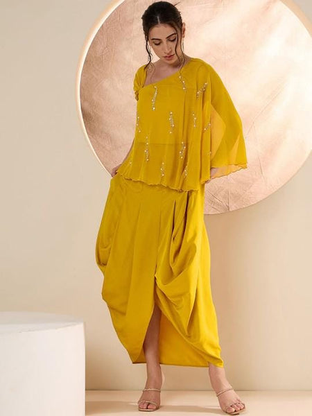 Yellow Embellished Top With Drape Skirt Set Indo Western Fusion Co-Ords Set