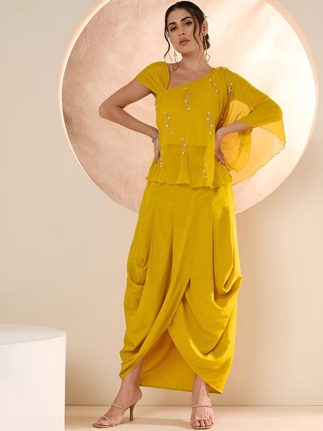 Yellow Embellished Top With Drape Skirt Set Indo Western Fusion Co-Ords Set