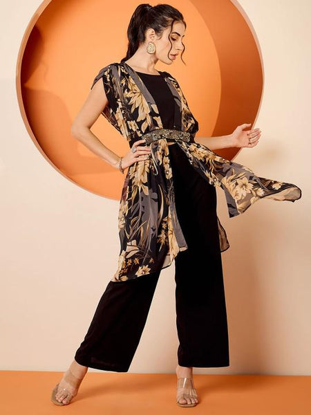 Floral Embellished Cape Top With Palazzo Indo Western Set