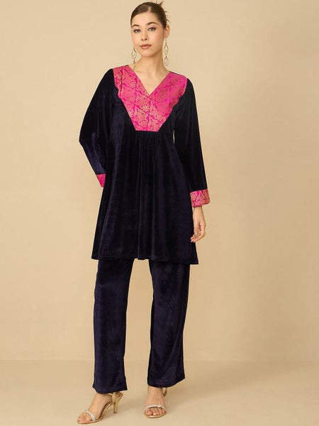 V-neck Brocade And Velvet Tunic With Trousers Set