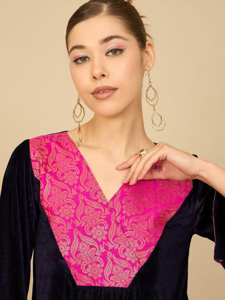 V-neck Brocade And Velvet Tunic With Trousers Set