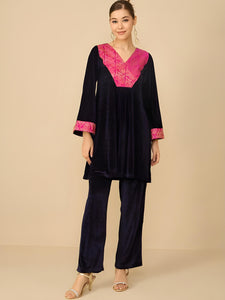 V-neck Brocade And Velvet Tunic With Trousers Set