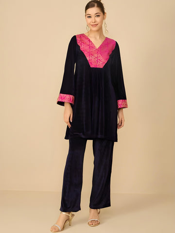 V-neck Brocade And Velvet Tunic With Trousers Set